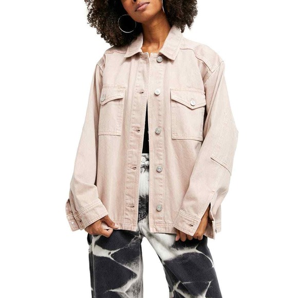 Bdg Denim Shirt Jacket Button Front Elbow Patches Oversized Light Pink Ret. $92 - Picture 1 of 5